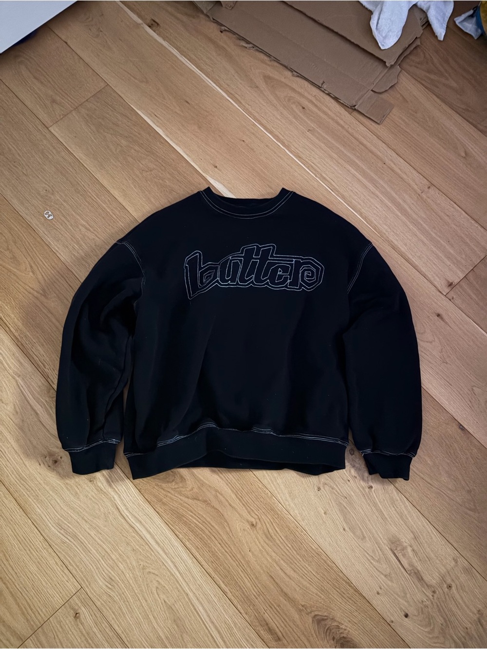 Butter Black Crewneck Sweater with Outline Logo